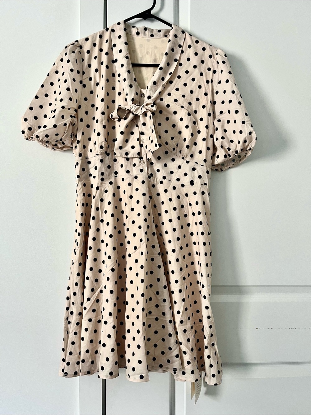 Polka Dot Tie-Neck Dress in Light Pink and Black